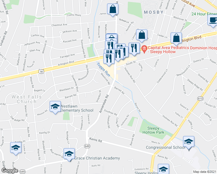 map of restaurants, bars, coffee shops, grocery stores, and more near 6705 Barrett Road in Falls Church