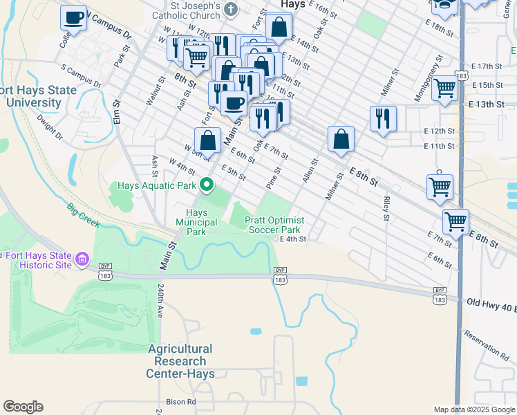 map of restaurants, bars, coffee shops, grocery stores, and more near 211 East 4th Street in Hays