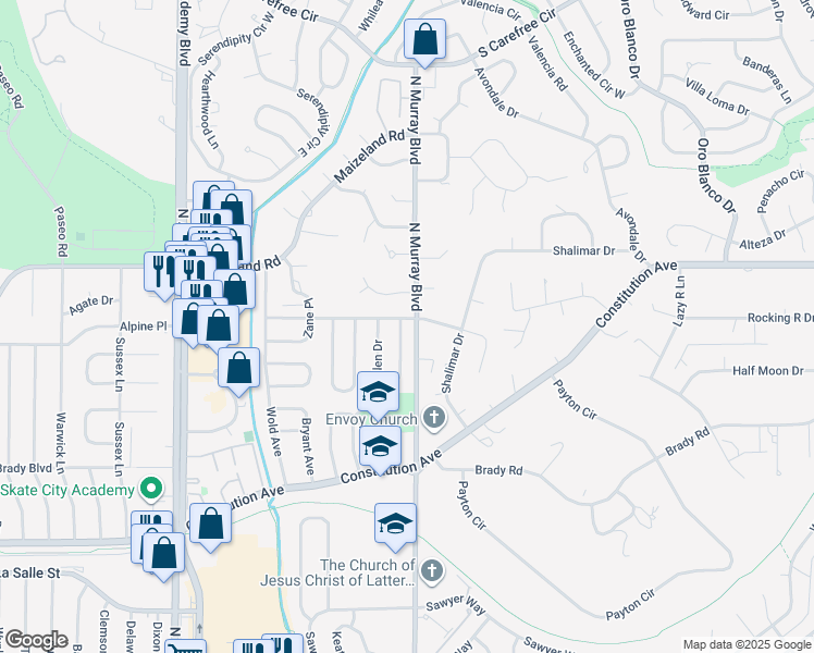 map of restaurants, bars, coffee shops, grocery stores, and more near 2243 Stratford Lane in Colorado Springs