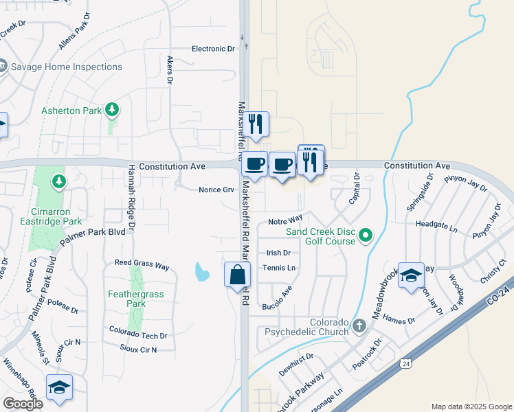 map of restaurants, bars, coffee shops, grocery stores, and more near 2457 Marksheffel Road in Colorado Springs