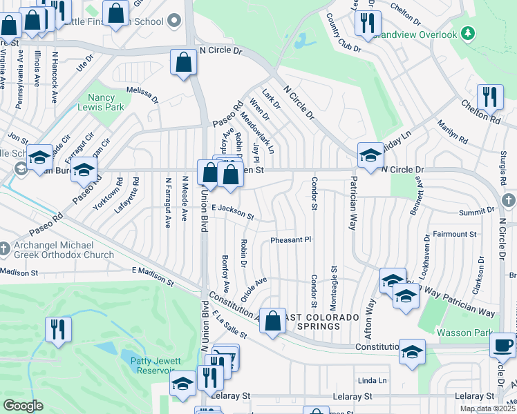 map of restaurants, bars, coffee shops, grocery stores, and more near 2423 Robin Drive in Colorado Springs