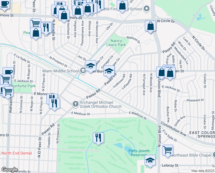 map of restaurants, bars, coffee shops, grocery stores, and more near 2433 Paseo Road in Colorado Springs