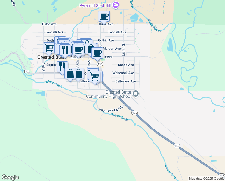 map of restaurants, bars, coffee shops, grocery stores, and more near 725 Red Lady Avenue in Crested Butte