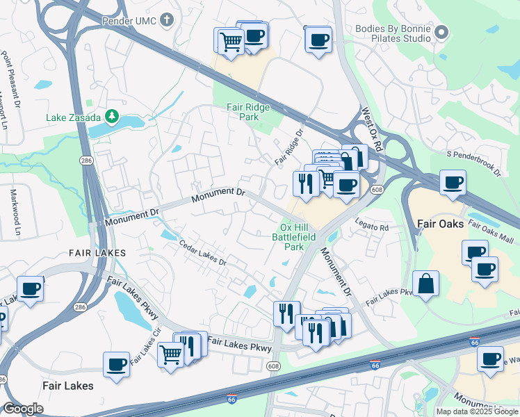 map of restaurants, bars, coffee shops, grocery stores, and more near 12313 Donaldson Court in Fairfax