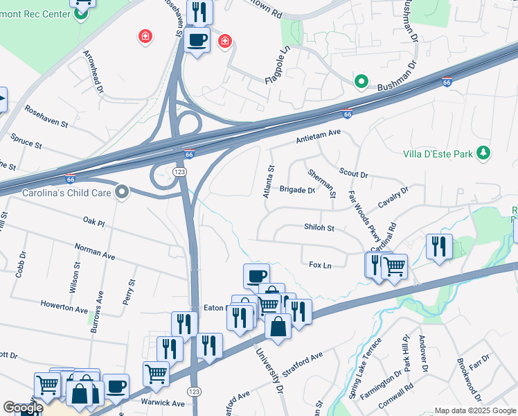 map of restaurants, bars, coffee shops, grocery stores, and more near 3242 Atlanta Street in Fairfax