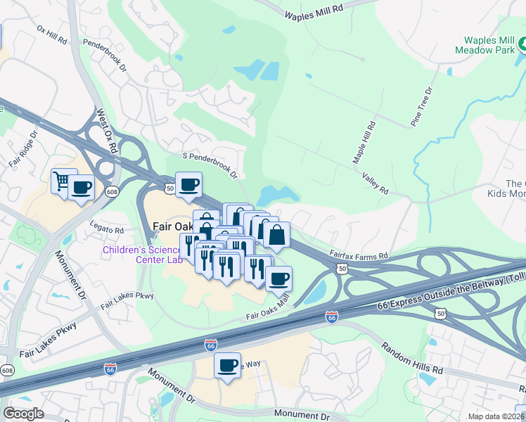 map of restaurants, bars, coffee shops, grocery stores, and more near 11808 Green Look Place in Fairfax