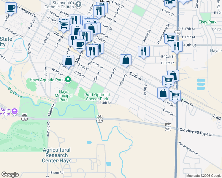 map of restaurants, bars, coffee shops, grocery stores, and more near 407 East 5th Street in Hays