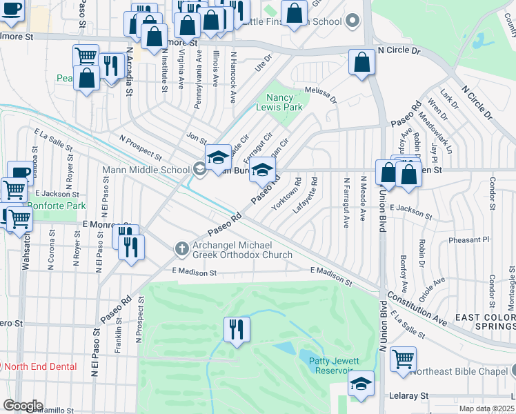 map of restaurants, bars, coffee shops, grocery stores, and more near 2433 Paseo Road in Colorado Springs