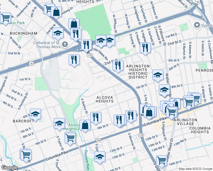 map of restaurants, bars, coffee shops, grocery stores, and more near 3617 6th Street South in Arlington