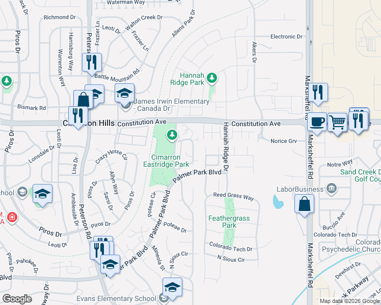 map of restaurants, bars, coffee shops, grocery stores, and more near 2395D Washo Circle in Colorado Springs