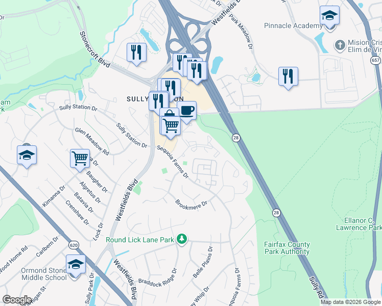 map of restaurants, bars, coffee shops, grocery stores, and more near 5115 Woodmere Drive in Centreville