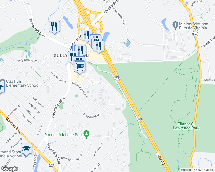 map of restaurants, bars, coffee shops, grocery stores, and more near 5079 Woodmere Drive in Centreville