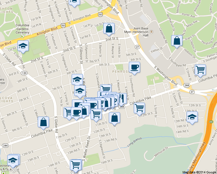 map of restaurants, bars, coffee shops, grocery stores, and more near 800 South Adams Street in Arlington