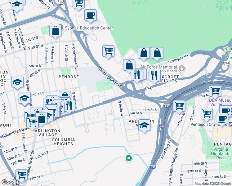 map of restaurants, bars, coffee shops, grocery stores, and more near 951 South Rolfe Street in Arlington