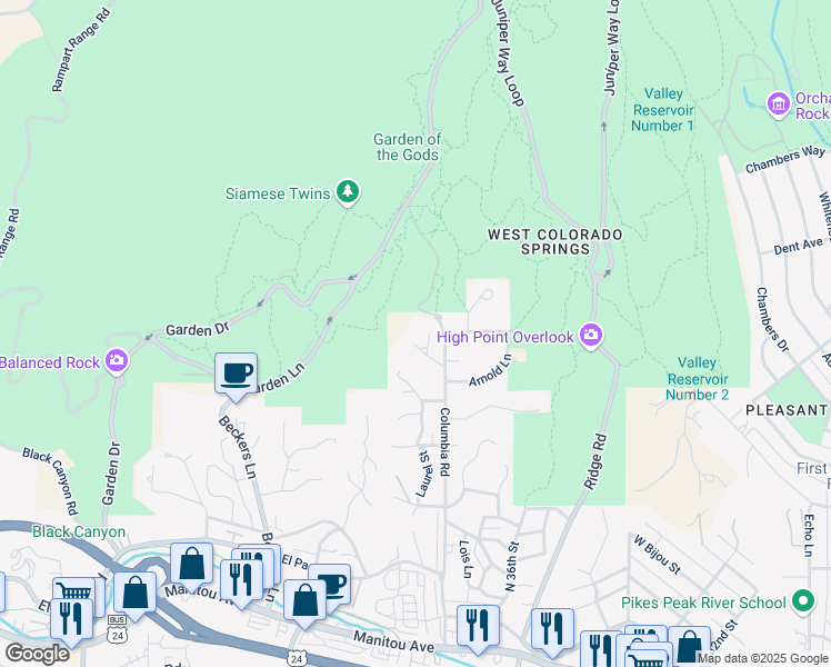 map of restaurants, bars, coffee shops, grocery stores, and more near 3740 Saints Court in Colorado Springs