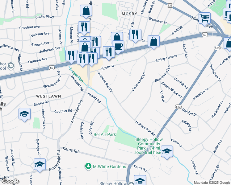 map of restaurants, bars, coffee shops, grocery stores, and more near 3073 Holmes Run Road in Falls Church