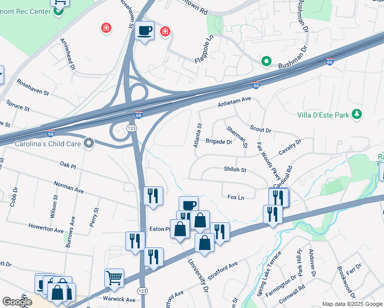 map of restaurants, bars, coffee shops, grocery stores, and more near 3242 Atlanta Street in Fairfax