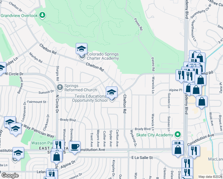 map of restaurants, bars, coffee shops, grocery stores, and more near 2315 Kent Lane in Colorado Springs