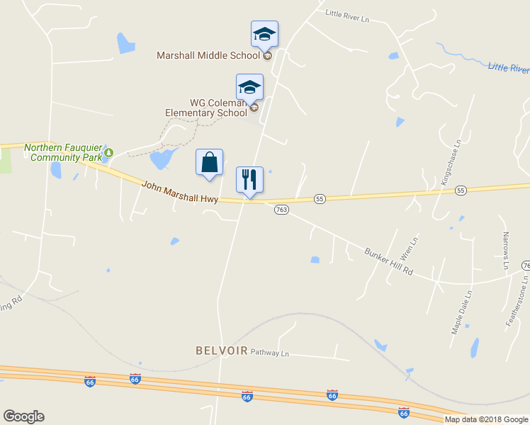 map of restaurants, bars, coffee shops, grocery stores, and more near 7403 Bunker Hill Road in The Plains