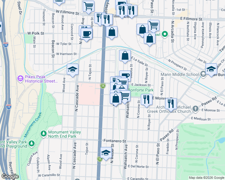 map of restaurants, bars, coffee shops, grocery stores, and more near 2326 North Weber Street in Colorado Springs