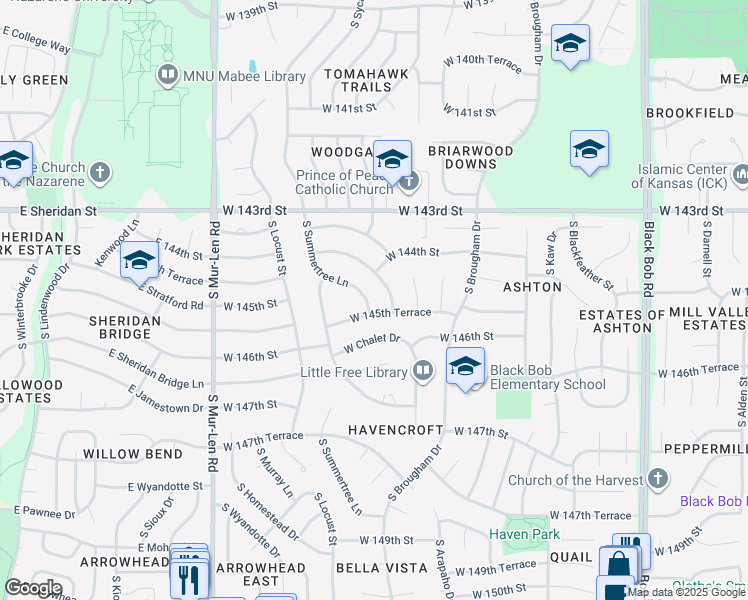 map of restaurants, bars, coffee shops, grocery stores, and more near 14505 South Summertree Lane in Olathe