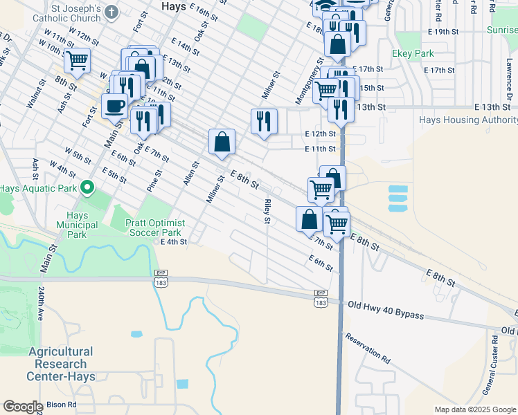 map of restaurants, bars, coffee shops, grocery stores, and more near 717-799 Riley Street in Hays