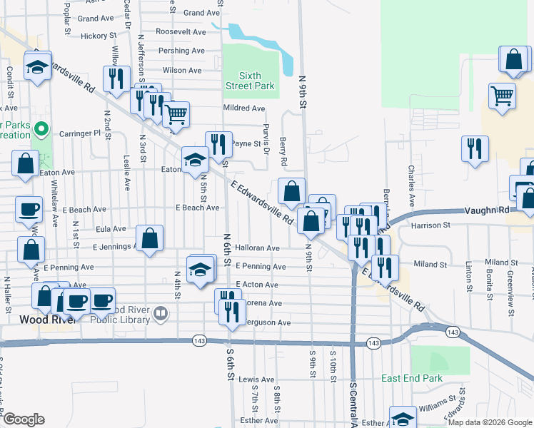 map of restaurants, bars, coffee shops, grocery stores, and more near 504 Metzger Avenue in Wood River