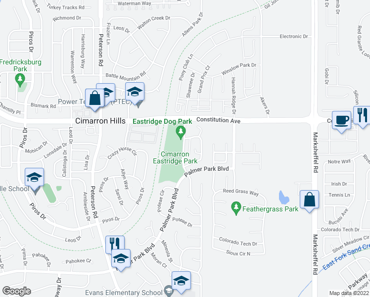 map of restaurants, bars, coffee shops, grocery stores, and more near 2357 Shawnee Drive in Colorado Springs