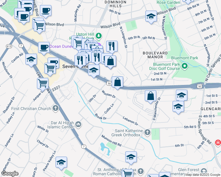 map of restaurants, bars, coffee shops, grocery stores, and more near 6067 Arlington Boulevard in Falls Church