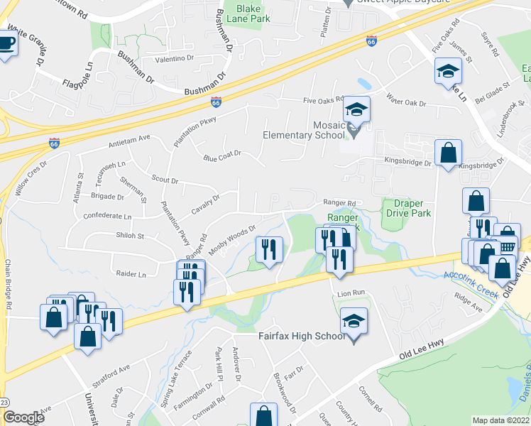 map of restaurants, bars, coffee shops, grocery stores, and more near 10026 Mosby Woods Drive in Fairfax