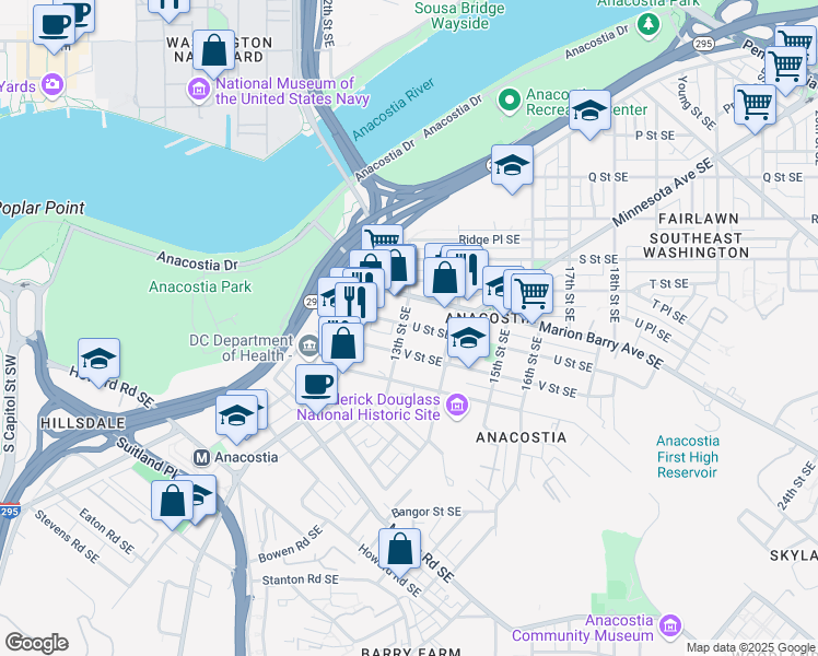 map of restaurants, bars, coffee shops, grocery stores, and more near 1301 U Street Southeast in Washington