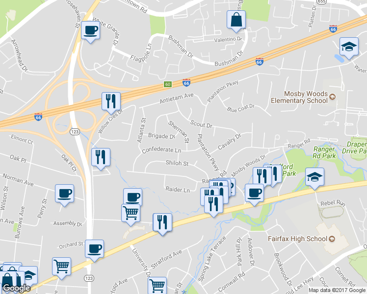 map of restaurants, bars, coffee shops, grocery stores, and more near 3248 Sherman Street in Fairfax