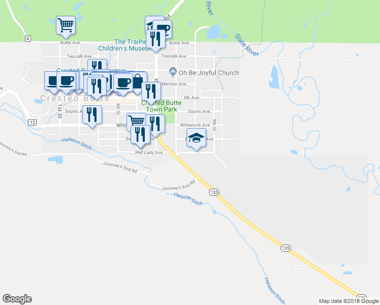 map of restaurants, bars, coffee shops, grocery stores, and more near 725 Red Lady Avenue in Crested Butte