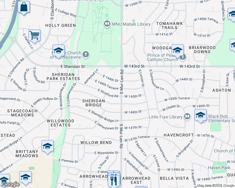 map of restaurants, bars, coffee shops, grocery stores, and more near 2114 East Stratford Road in Olathe