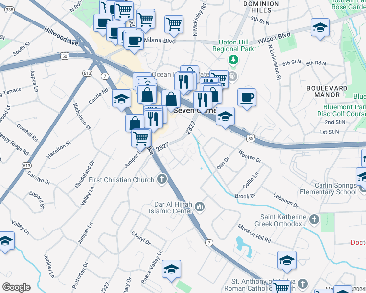 map of restaurants, bars, coffee shops, grocery stores, and more near 3055 Patrick Henry Drive in Falls Church