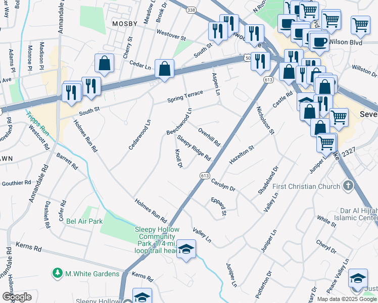 map of restaurants, bars, coffee shops, grocery stores, and more near 6439 Sleepy Ridge Road in Falls Church