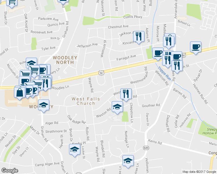 map of restaurants, bars, coffee shops, grocery stores, and more near 6914 Westmoreland Road in Falls Church