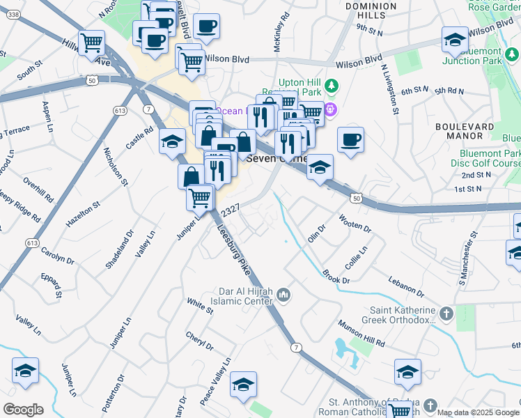 map of restaurants, bars, coffee shops, grocery stores, and more near 3055 Patrick Henry Drive in Falls Church