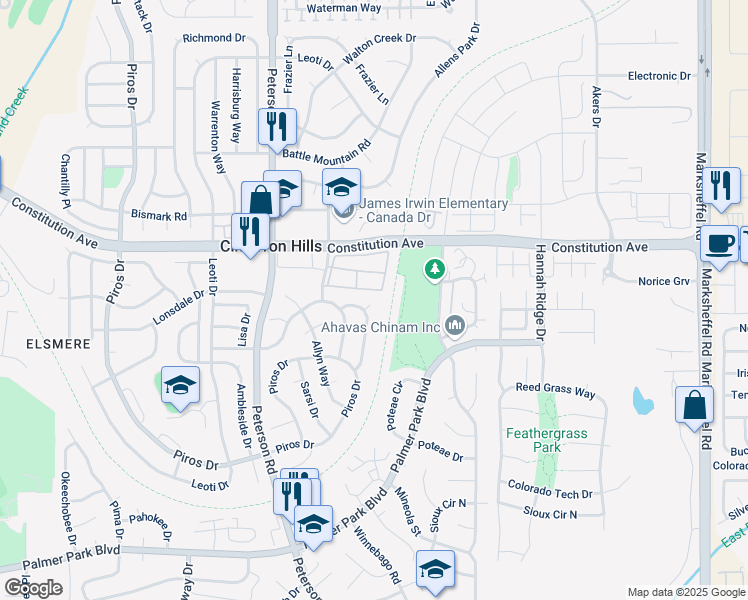 map of restaurants, bars, coffee shops, grocery stores, and more near 2249 Moccassin Drive in Colorado Springs