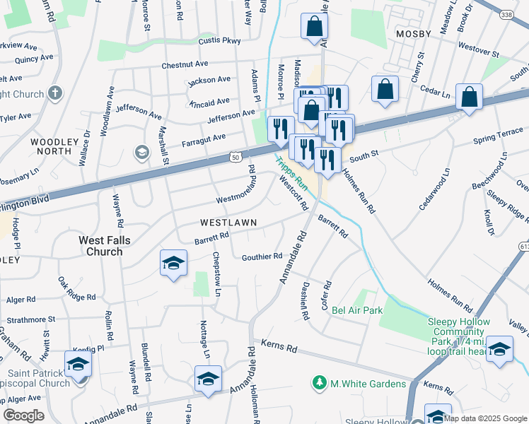 map of restaurants, bars, coffee shops, grocery stores, and more near 6731 Westlawn Drive in Falls Church