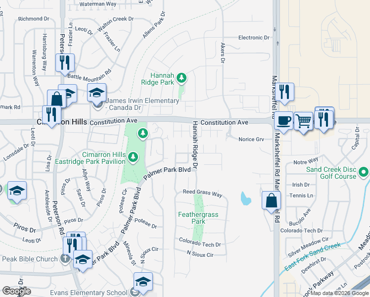 map of restaurants, bars, coffee shops, grocery stores, and more near 2418 Majestic Plains Court in Colorado Springs