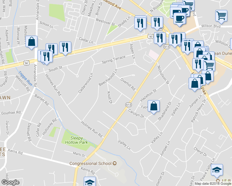 map of restaurants, bars, coffee shops, grocery stores, and more near 6439 Sleepy Ridge Road in Falls Church
