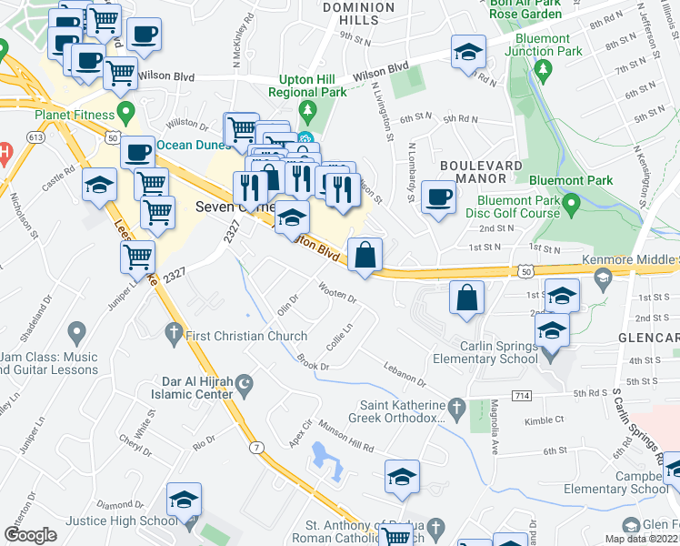 map of restaurants, bars, coffee shops, grocery stores, and more near 6069 Arlington Blvd in Falls Church