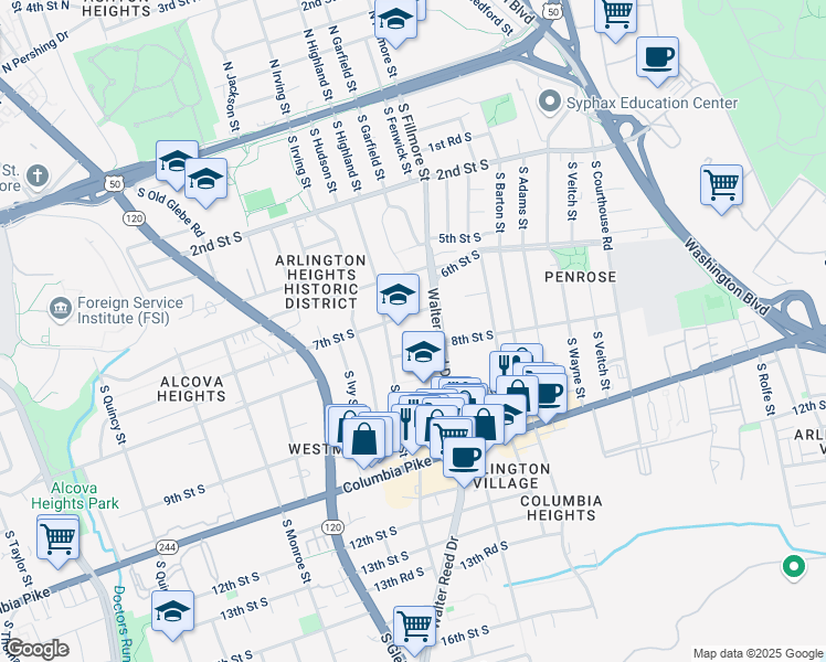map of restaurants, bars, coffee shops, grocery stores, and more near 701 South Highland Street in Arlington