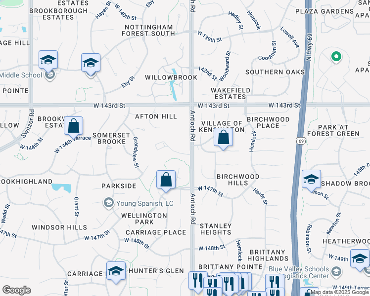 map of restaurants, bars, coffee shops, grocery stores, and more near 14330 Antioch Road in Overland Park