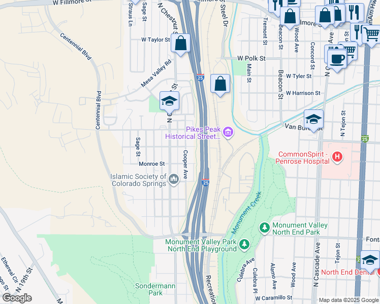 map of restaurants, bars, coffee shops, grocery stores, and more near 2327 Cooper Avenue in Colorado Springs