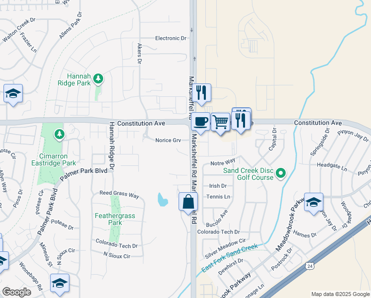 map of restaurants, bars, coffee shops, grocery stores, and more near 2380 Marksheffel Road in Colorado Springs