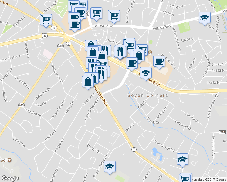 map of restaurants, bars, coffee shops, grocery stores, and more near 3065 Patrick Henry Drive in Falls Church
