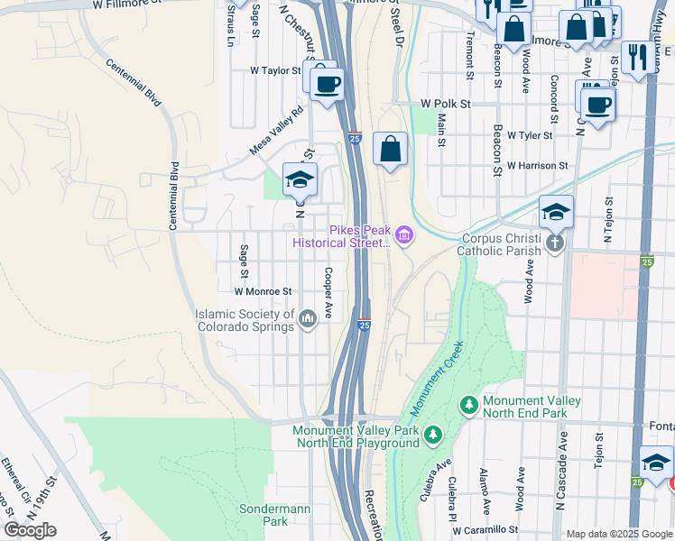 map of restaurants, bars, coffee shops, grocery stores, and more near 2327 Cooper Avenue in Colorado Springs