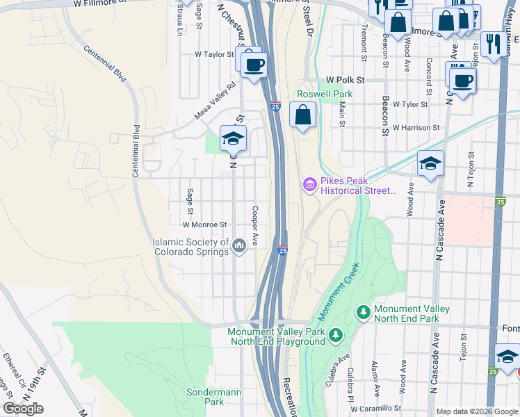 map of restaurants, bars, coffee shops, grocery stores, and more near 2327 Cooper Avenue in Colorado Springs